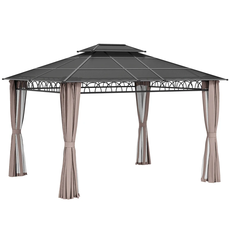 Outsunny Tonnelle de jardin avec toit polycarbonate 4 parois latérales anti-UV moustiquaires 3,6 x 3 m
