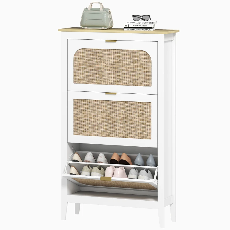 HOMCOM Meuble à chaussures 21 paires bohème avec 3 tiroirs rabattables, portes effet cannage rotin, 80 x 24 x 131 cm, blanc
