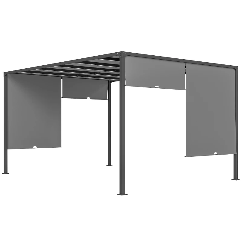 Outsunny 3(m) x 4m Metal Pergola with LED Lights, Outdoor Garden Pergola with Sliding Roof, Solar Powered, for BBQ, Lawn, Dark Grey