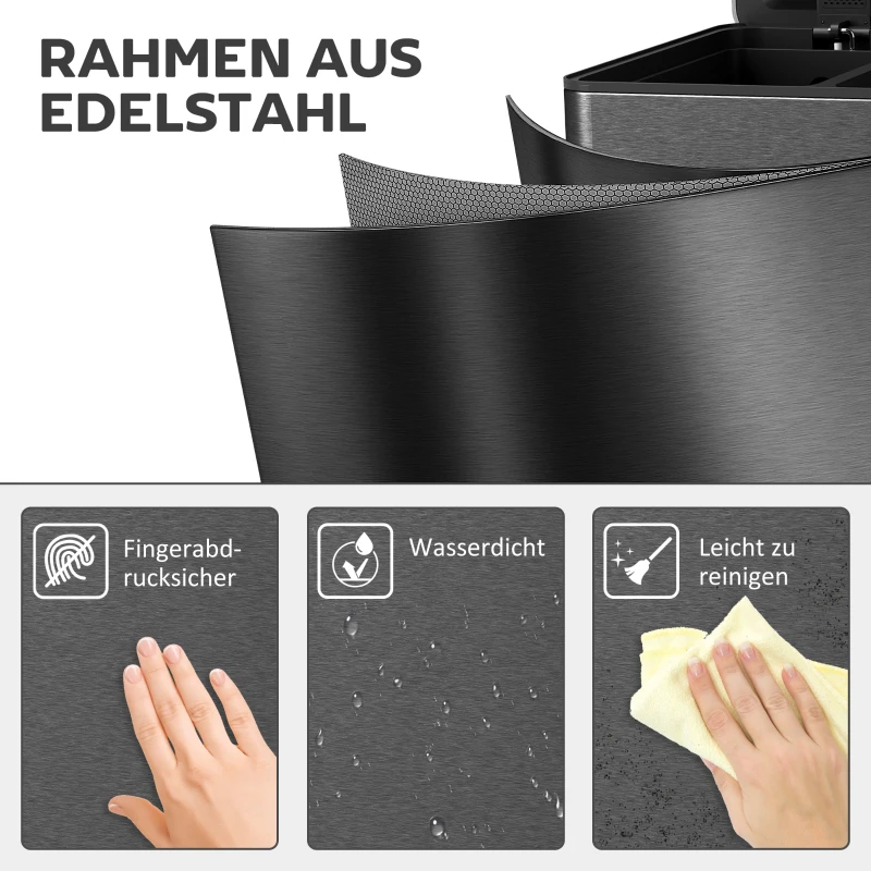 HOMCOM Mülleimer mit 3 x 20 L Fächern, Deodorant-Deckel, fingerabdrucksicher, Soft-Close, herausnehmbar, Schwarz(m-8)