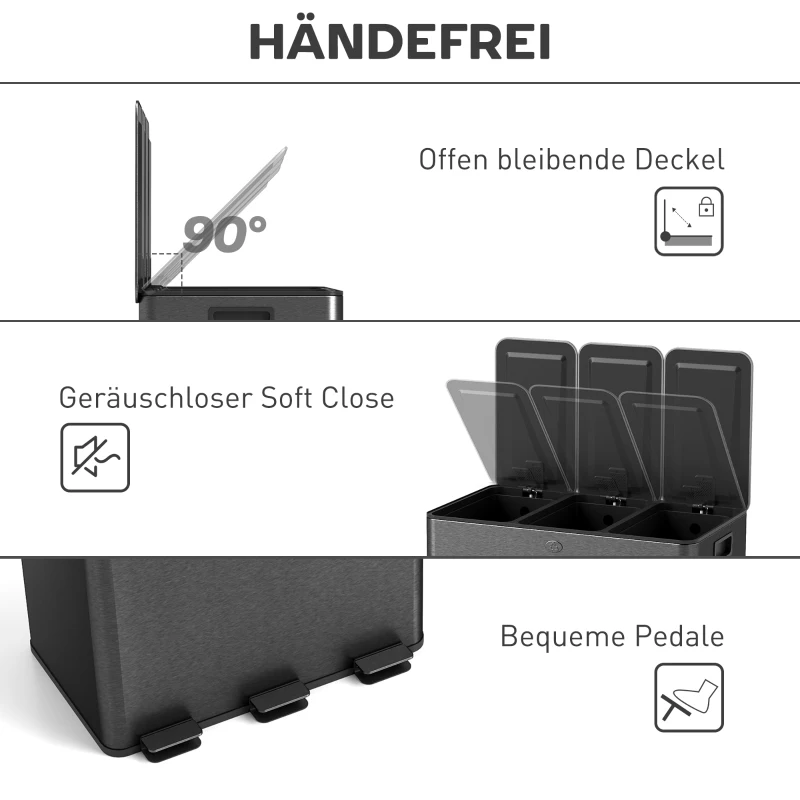 HOMCOM Mülleimer mit 3 x 20 L Fächern, Deodorant-Deckel, fingerabdrucksicher, Soft-Close, herausnehmbar, Schwarz(m-6)