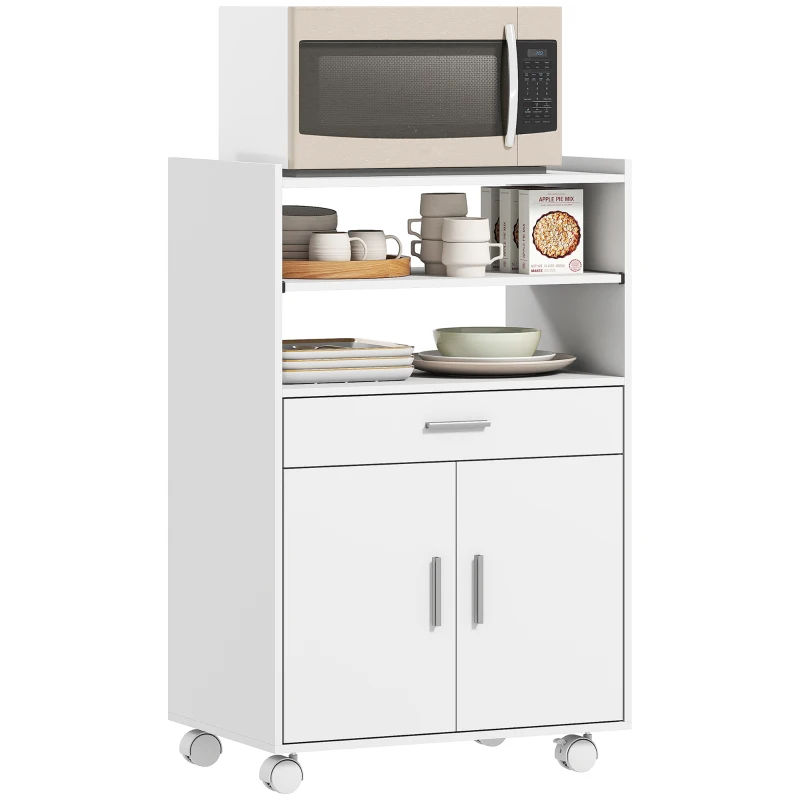 HOMCOM Mobile Microonde in Legno con Cassetto, Armadietto a 2 Ante e 2 Ripiani, 59x40x92 cm, Bianco