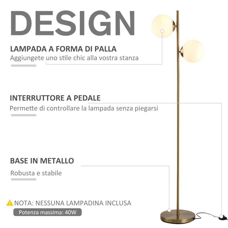 HOMCOM Lampada da Terra con 2 Luci e Paralumi a Sfera, Interruttore a Pedale e Attacco E27, Ø28x165 cm, Oro