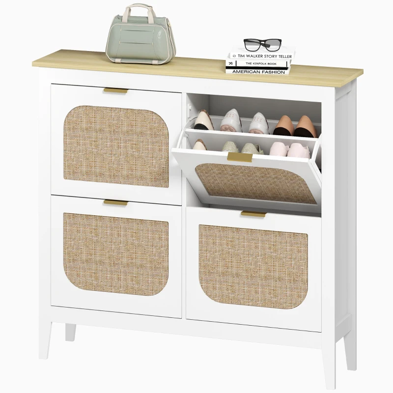HOMCOM Meuble à chaussures 20 paires bohème avec 4 tiroirs rabattables, portes effet cannage rotin, 105 x 24 x 95,5 cm, blanc