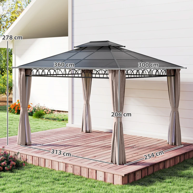Outsunny 3.6 x 3 (m) Outdoor Polycarbonate Gazebo, Double Roof Hard Top Gazebo with Nettings & Curtains for Garden, Lawn, Patio