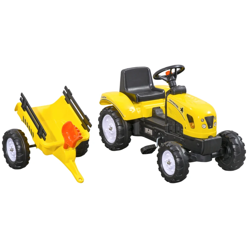 HOMCOM Porteur tracteur enfants avec remorque, râteau et pelle, tracteur à pédales 6 roues, charge 35 kg, pour 3+ ans, jaune
