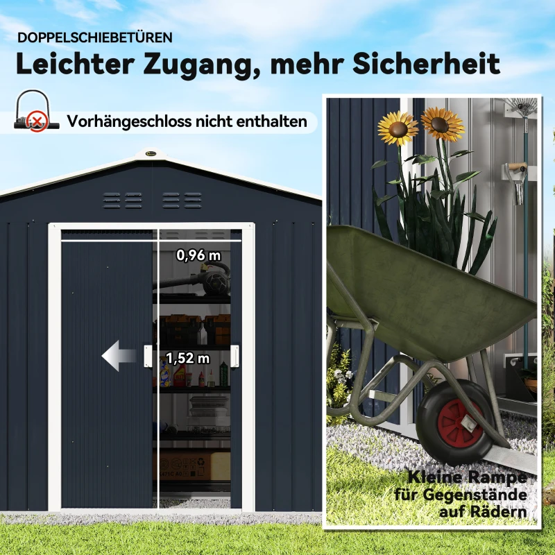 Outsunny Geräteschuppen aus Metall mit Schiebetüren und Belüftungsfenstern, 277 x 195 x 192 cm, Dunkelgrau