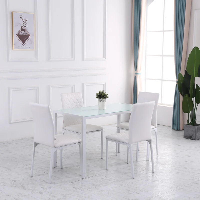 HOMCOM Lot de 4 chaises de salle à manger, chaises de cuisine, capitonnage rhombique et pieds en métal, 41x50x91cm, blanc