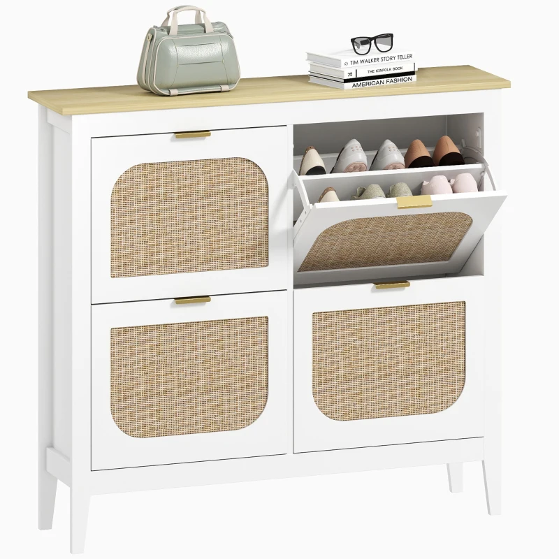 HOMCOM Meuble à chaussures 20 paires bohème avec 4 tiroirs rabattables, portes effet cannage rotin, 105 x 24 x 95,5 cm, blanc(m-10)