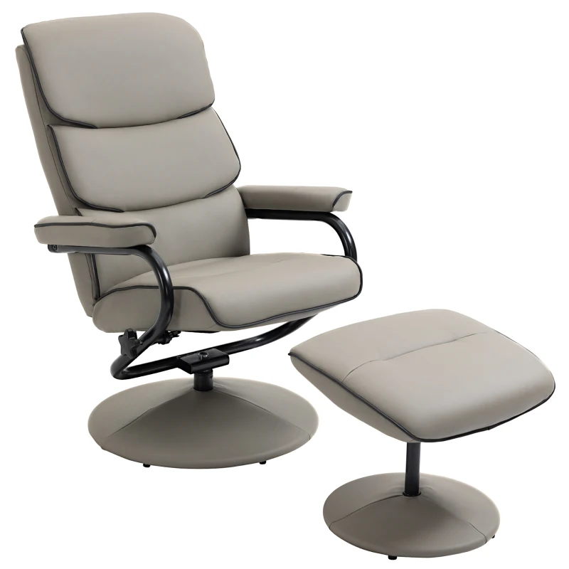 HOMCOM Fauteuil relax avec pouf, fauteuil TV avec dossier inclinable, pivotant à 360° assise rembourrée confortable, gris