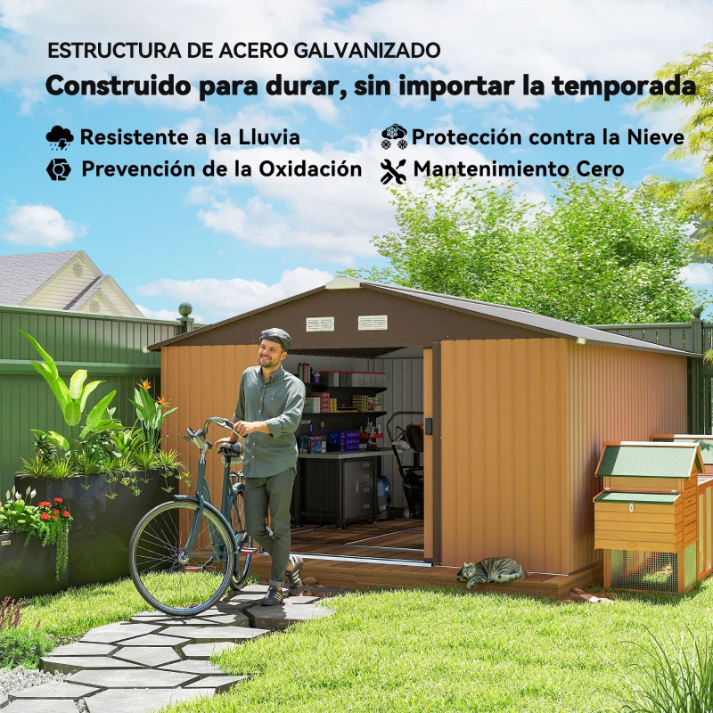 Outsunny Cobertizo de Jardín 340x386x200 cm 12,4 m² Caseta Exterior de Metal con Puertas Correderas y Ventilaciones Ocre