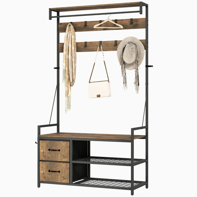 HOMCOM Portemanteau à Chaussures avec Banc Porte-chaussures Double 10 Crochets Ajustables 2 Tiroirs et Barre de Suspension 100x40x180 cm Marron Rústico