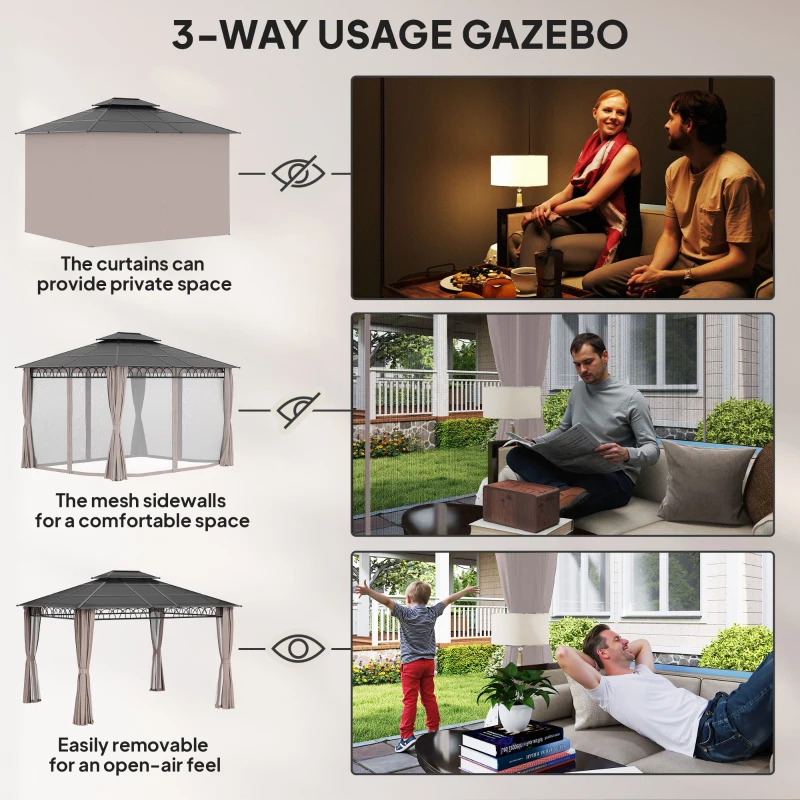 Outsunny 3.6 x 3 (m) Outdoor Polycarbonate Gazebo, Double Roof Hard Top Gazebo with Nettings & Curtains for Garden, Lawn, Patio