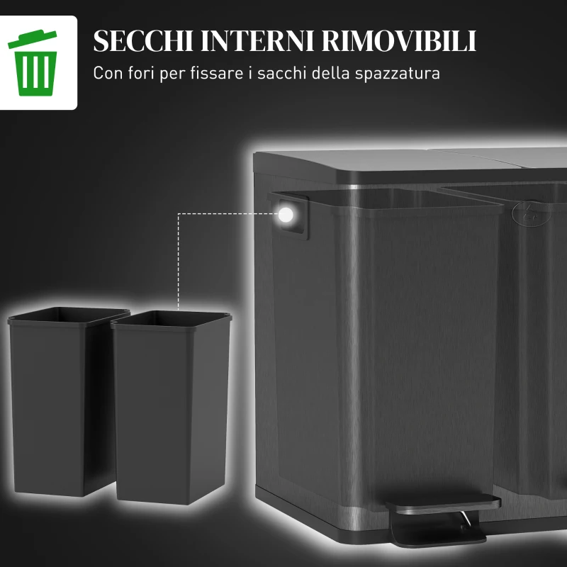 HOMCOM Bidone Immondizia a 2 Sezioni da 15L con Chiusura Silenziosa, in Acciaio Inox e PP, 41.7x36.6x43.2 cm, Nero
