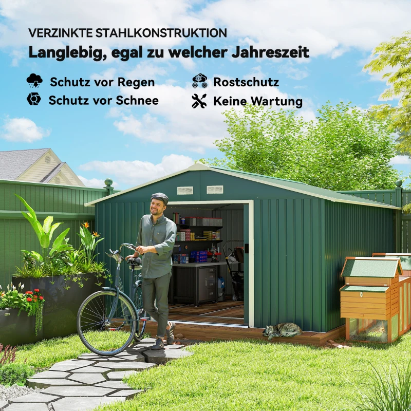 Outsunny Geräteschuppen, Wetterfestes Gartenhaus für Gartengeräte, mit Belüftungsfenstern, Schiebetüren, Stahl, Dunkelgrün(m-4)