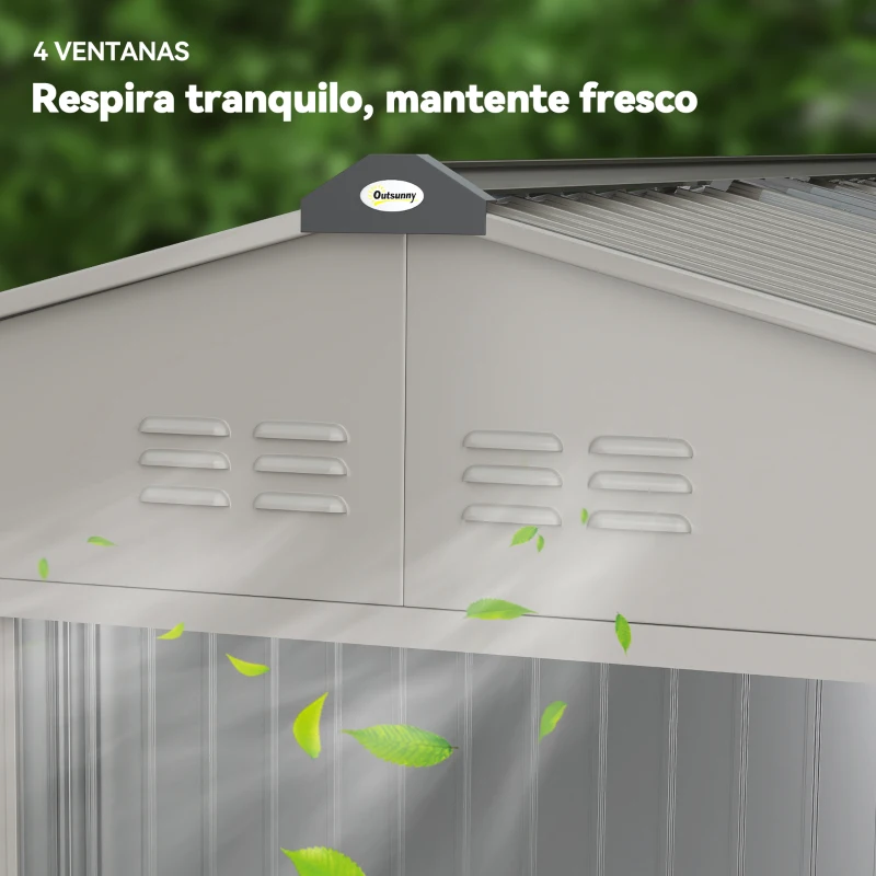 Outsunny Cobertizo de Jardín 4,9 m² 277x195x192 cm con 2 Puertas Corredizas Techo Inclinado y 4 Ventanas Gris Plata