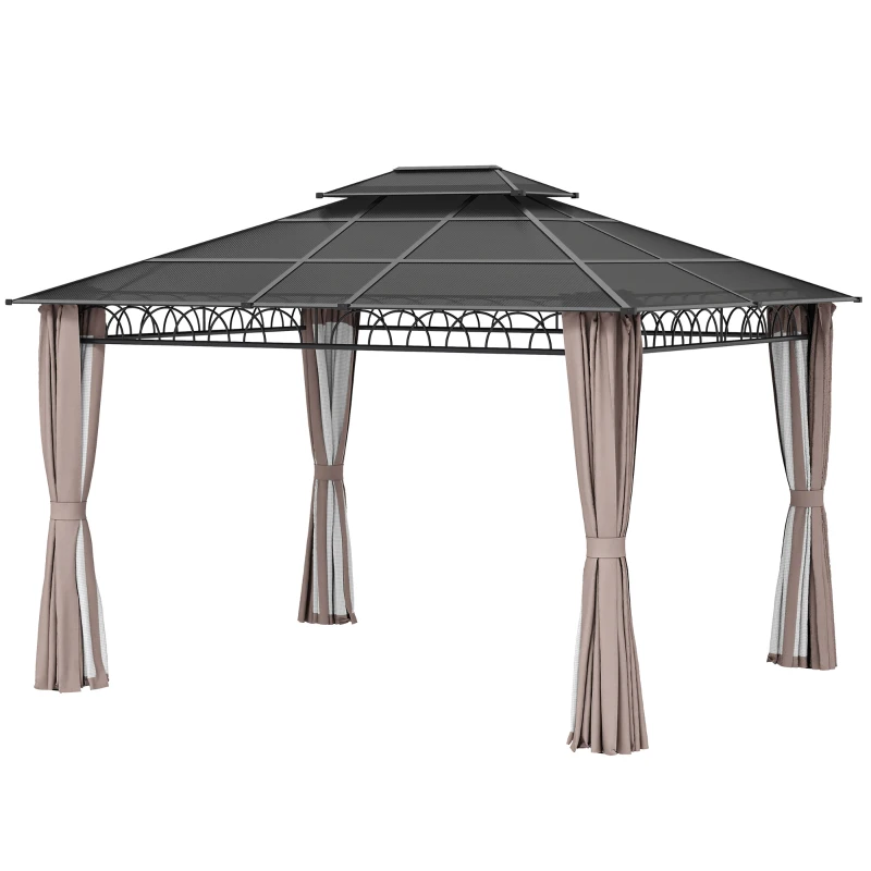 Outsunny 3.6 x 3 (m) Outdoor Polycarbonate Gazebo, Double Roof Hard Top Gazebo with Nettings & Curtains for Garden, Lawn, Patio