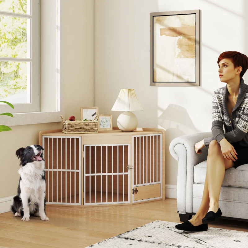 PawHut Gabbia ad angolo per cani, tavolino, con porta girevole, per piccoli e medi cani 113 x 80 x 64 cm, rovere