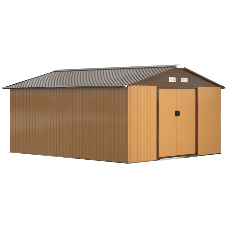 Outsunny Cobertizo de Jardín 340x386x200 cm 12,4 m² Caseta Exterior de Metal con Puertas Correderas y Ventilaciones Ocre