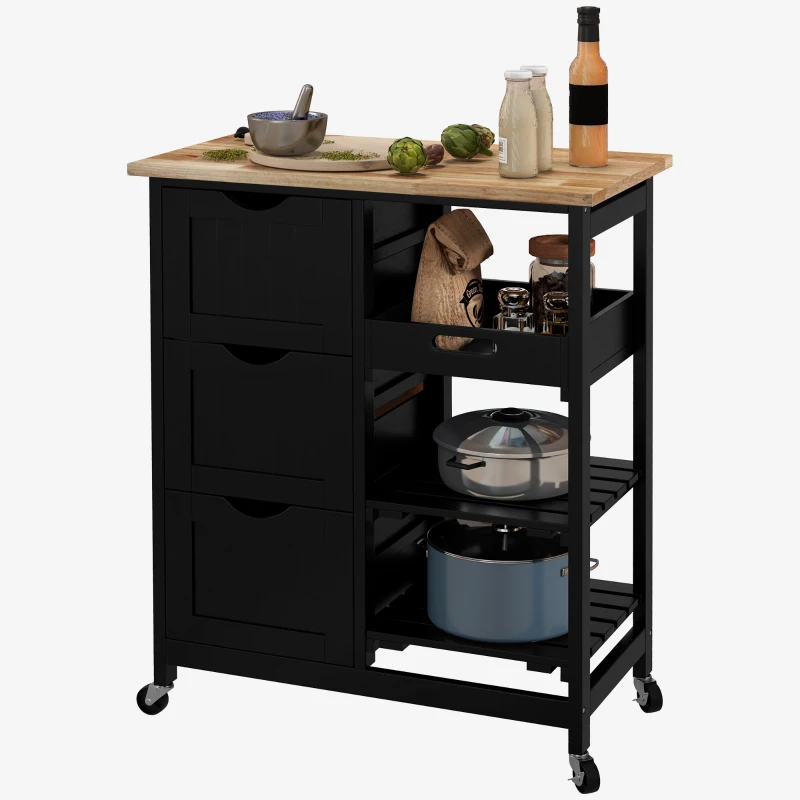 HOMCOM Chariot de Cuisine Chariot Auxiliaire avec Roulettes avec 3 Tiroirs 2 Étagères Ouvertes et Plateau Amovible 67x37x85,5 cm Noir