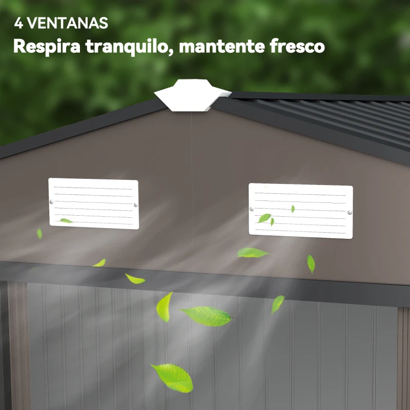 Outsunny Cobertizo de Jardín 4,9 m² 277x195x192 cm con 2 Puertas Corredizas Techo Inclinado y 4 Ventanas Marrón