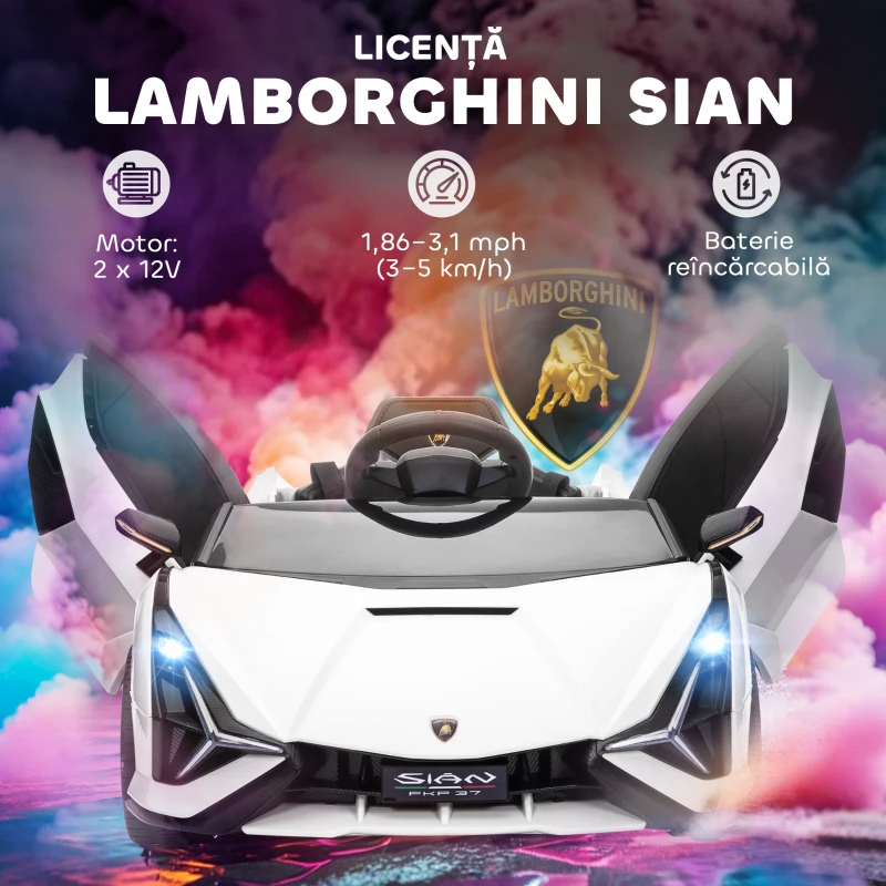 HOMCOM Mașină Electrică pentru Copii 3-5ani, Mașinuță Electrică Lamborghini cu Faruri, Muzică și Telecomandă, 108x62x40cm, Alb