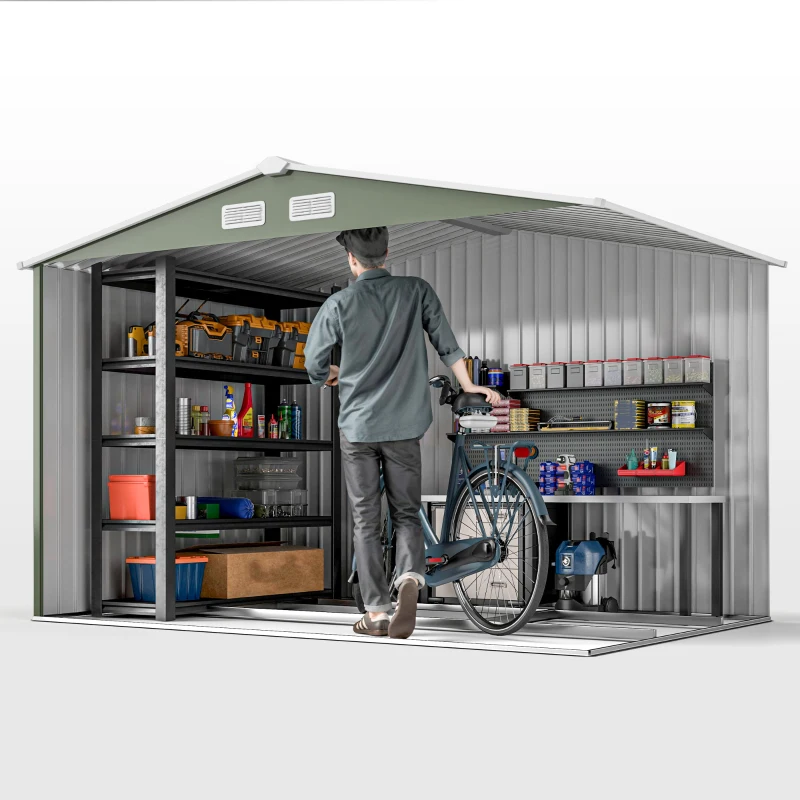 Outsunny 9 x 6ft Garden Metal Storage Shed, Outdoor Storage Tool House with Ventilation Slots, Floor Foundation and Lockable Double Doors, Light Green(m-9)