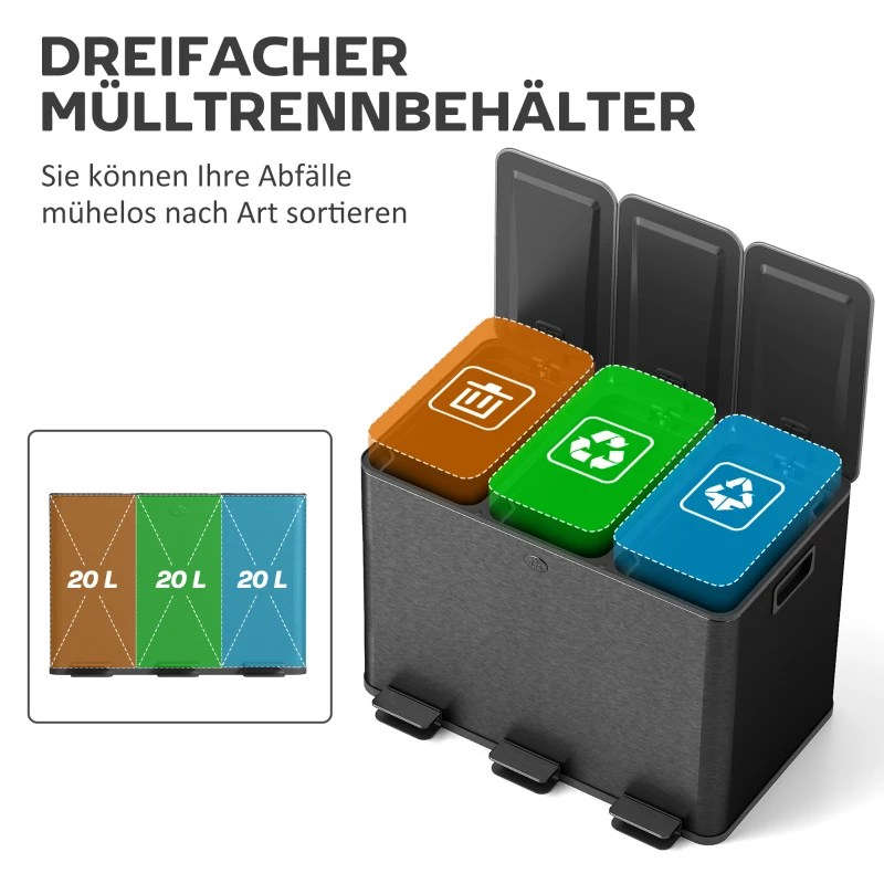 HOMCOM Mülleimer mit 3 x 20 L Fächern, Deodorant-Deckel, fingerabdrucksicher, Soft-Close, herausnehmbar, Schwarz(m-4)