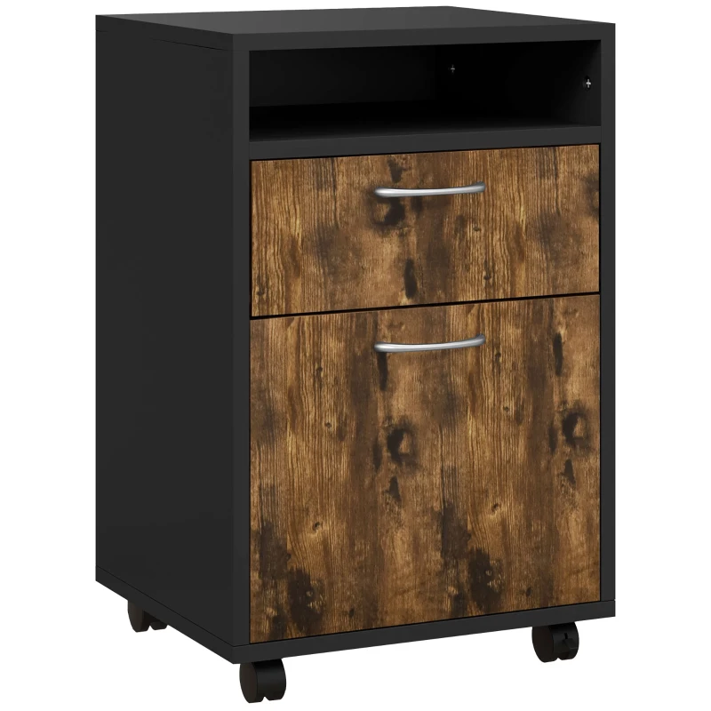HOMCOM Dulăpior de Birou cu 4 Roți, Raft Deschis și 2 Sertare, Mobilier de Birou din Lemn și Metal, 40x35x60 cm, Maro