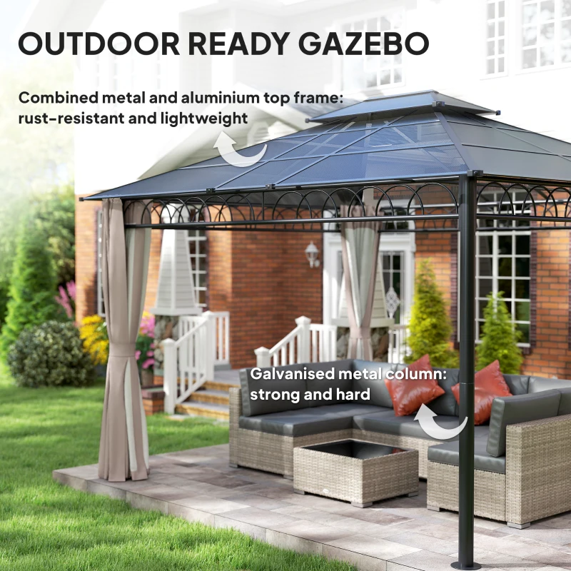 Outsunny 3.6 x 3 (m) Outdoor Polycarbonate Gazebo, Double Roof Hard Top Gazebo with Nettings & Curtains for Garden, Lawn, Patio
