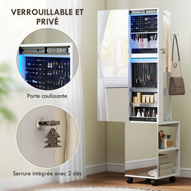 HOMCOM Armoire à bijoux armoire avec miroir sur pied pivotante à 360° éclairage LED 37x40x165,5cm cadre blanc, doublure noire