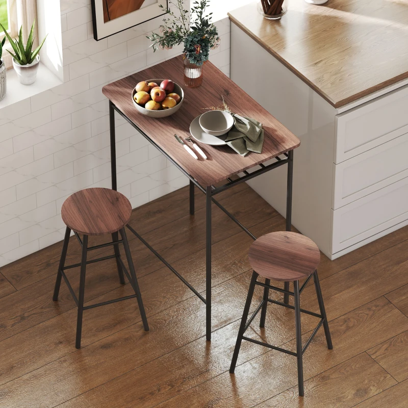 HOMCOM Mesa Alta de Cocina con 2 Taburetes Industrial Estante Abierto Reposapiés Ahorro de Espacio para Espacios Reducidos