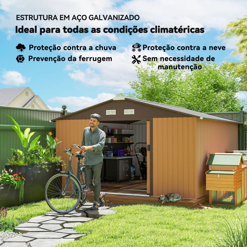 Outsunny Abrigo de Jardim Metálico 340x386x200cm Abrigo de Exterior para Armazenamento de Ferramentas com Base de Reforço Incluida 4 Janelas de Ventilação e Porta Corredeira Marrom