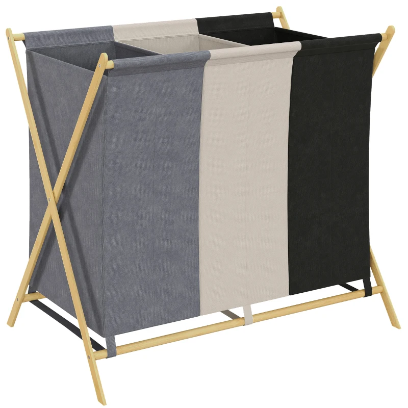 HOMCOM Cesto para Ropa Sucia Plegable con 3 Compartimentos Capacidad 129L con Marco de Bambú y Bolsas Extraíbles Multicolor