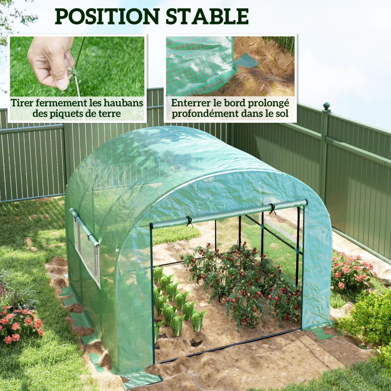 Outsunny Serre de jardin serre tunnel de jardin 6m² PE Haute densité 135 g/m², avec 2 portes zippées 300 x 300 x 200 cm, vert