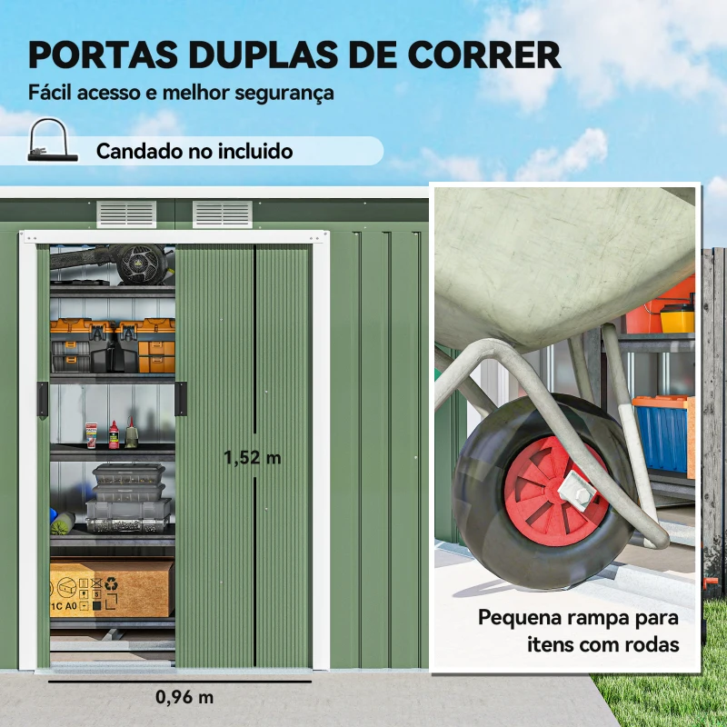 Outsunny Abrigo de Jardim 280x130x172cm Abrigo de Exterior de Aço Galvanizado com Porta Corredeira e Ventilações Verde Claro