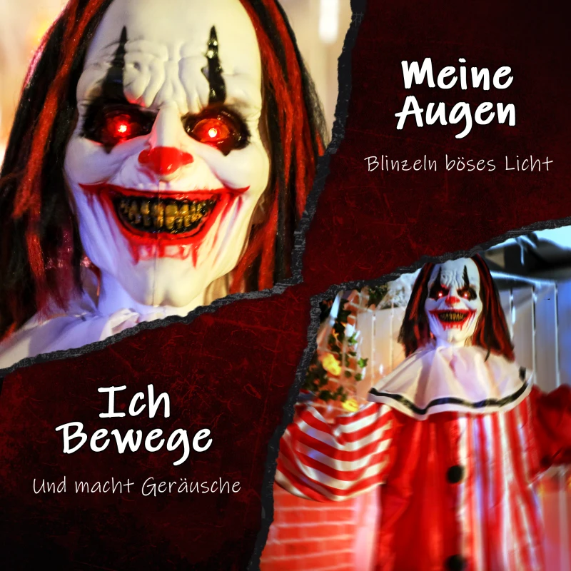 Outsunny 165 cm Halloween Dekoration Halloween Clown mit LED-Lichter, Soundfunktion Körper-Effekt(m-4)