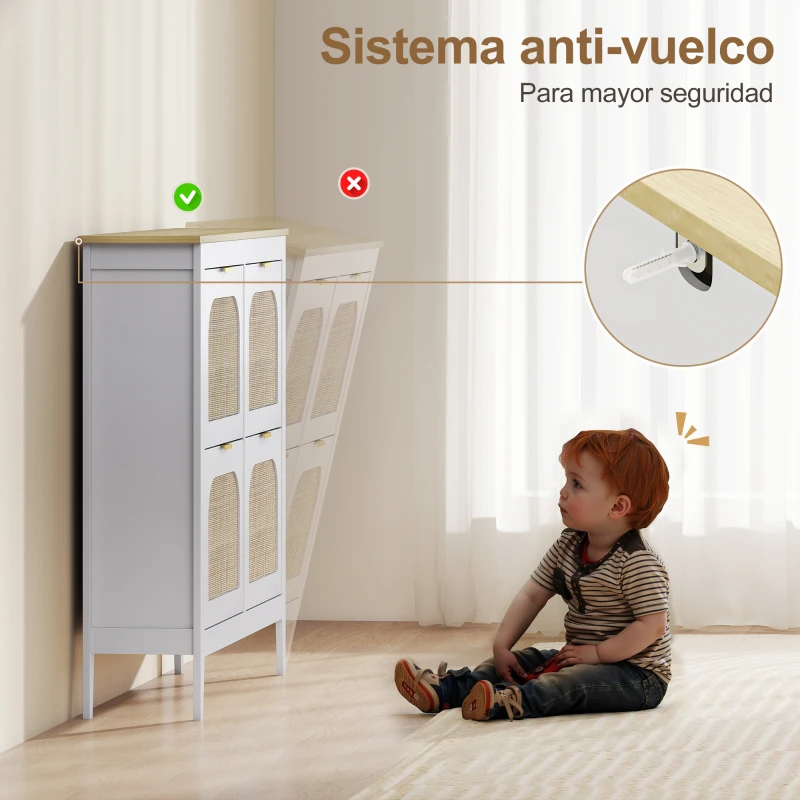 HOMCOM Zapatero Estrecho con 4 Puertas de Ratán Estantes Ajustables para 20 Pares de Zapatos 105x24x95,5 cm Blanco