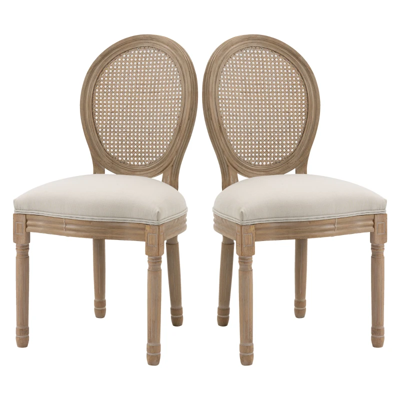 HOMCOM set van 2 eetkamerstoelen vintage keukenstoel gestoffeerde stoel met rotan rugleuning linnen touch rubber hout wit 49 x 56 x 96 cm