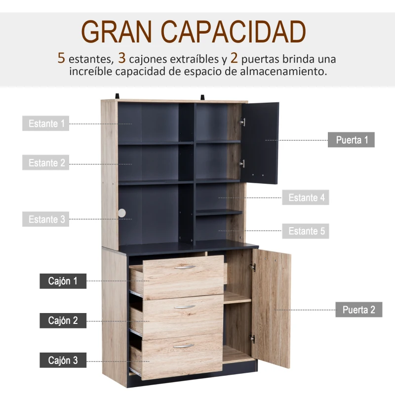 HOMCOM Armario Alacena Buffe Aparador de Cocina Mueble Auxiliar Organizador 5 Estantes 3 Cajones 2 Puertas 90x39x169cm Roble y Negro Madera