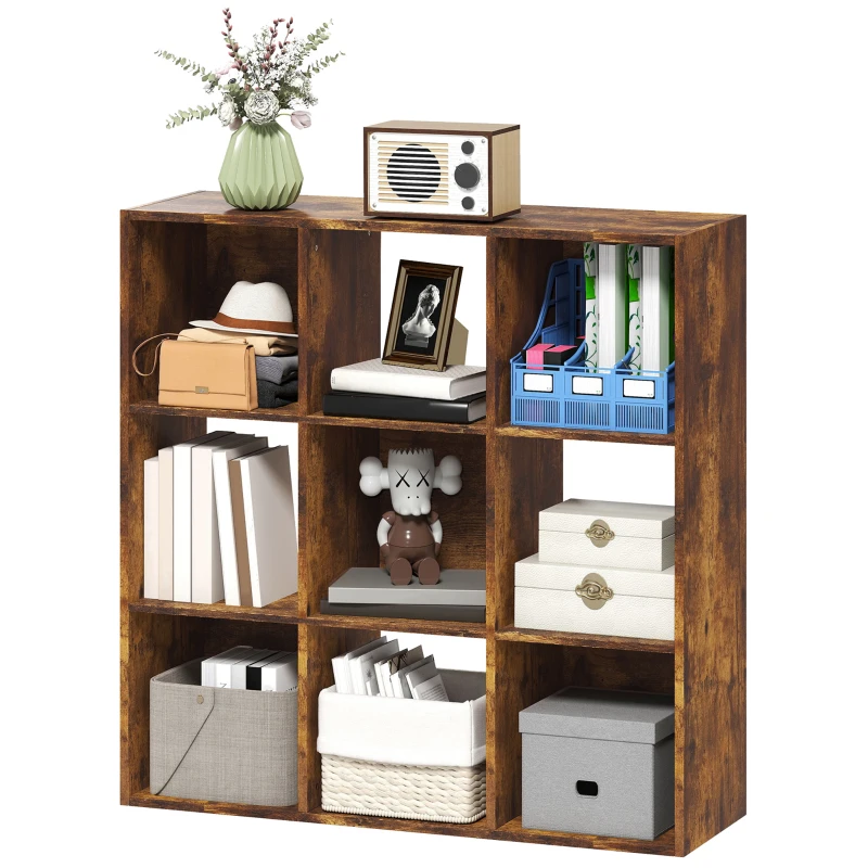 HOMCOM 3-tier 9 Cubes Storage Unit Particle Board Cupboard Bookcase Organiser Home Office Shelves, Rustic Brown