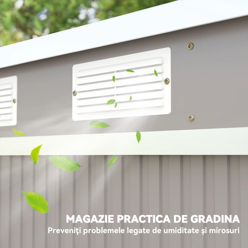 Outsunny Magazie de Grădină pentru Unelte cu Acoperiș Înclinat, Intrare Dublă și Prize de Aerisire, 213x130x172 cm, Gri(m-7)