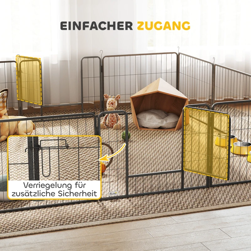 PawHut Haustiergehege, Welpenauslauf, Welpengitter, 12 Paneele, Outdoor u.  Indoor, Schwarz