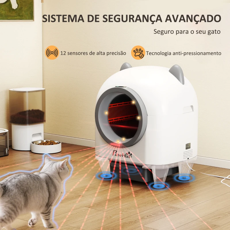 PawHut Caixa de Areia Autolimpante para Gatos 80L com Eliminação de Odores e Controlo por APP 55,5x51x60 cm Branco
