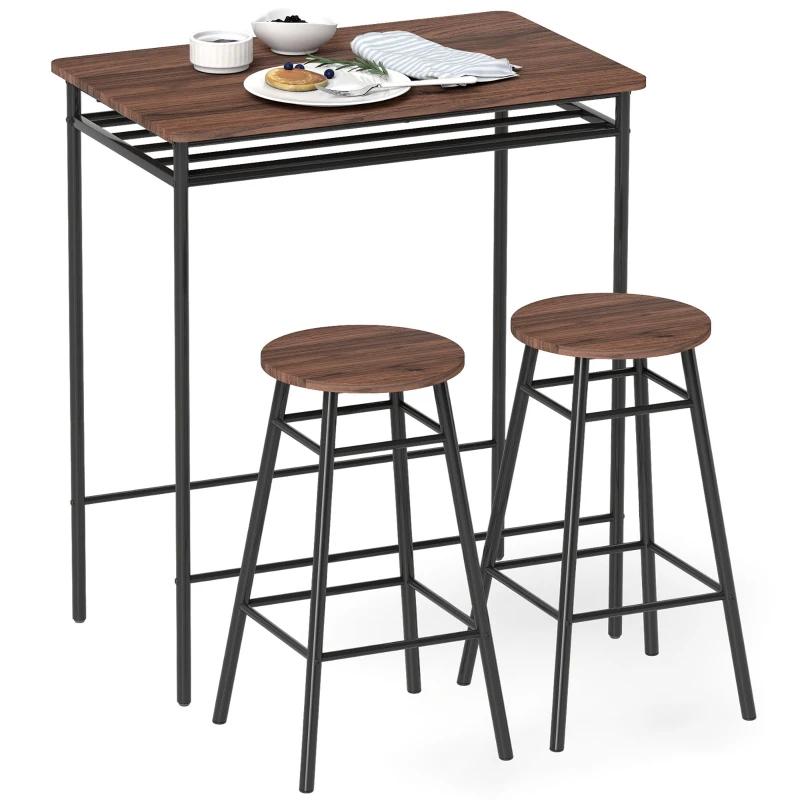 HOMCOM Tavolo Alto da Cucina con 2 Sgabelli Industrial Scaffale Aperto Poggiapiedi Risparmio di Spazio per Spazi Ridotti