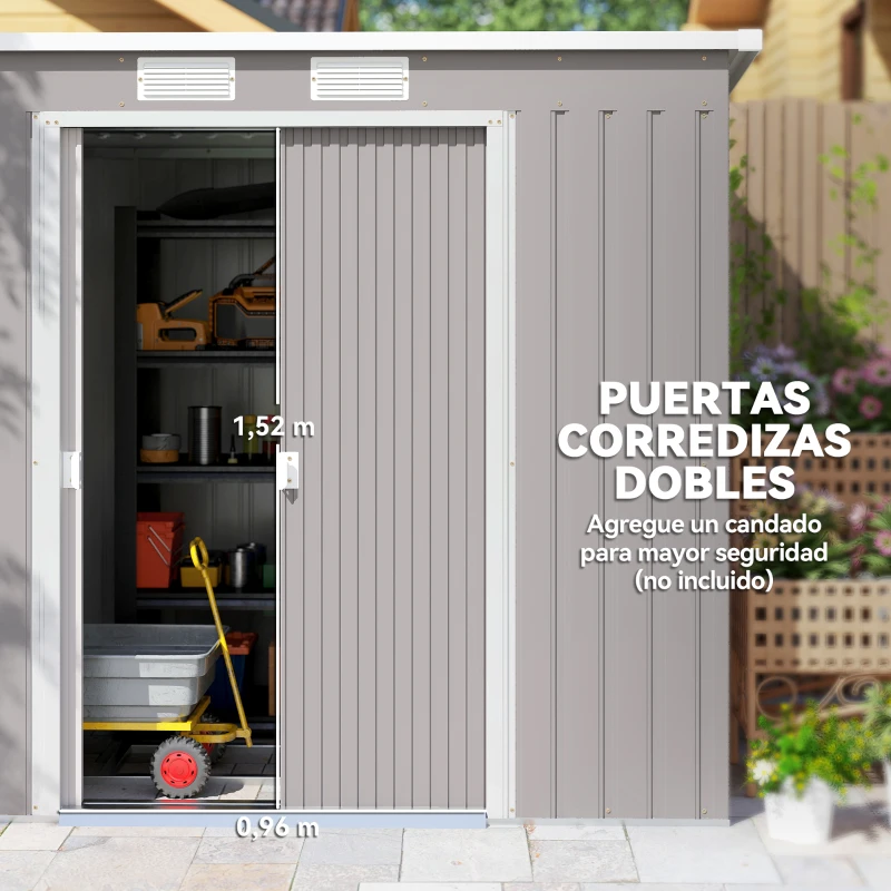 Outsunny Cobertizo de Jardín Exterior 2,42 m² 213x130x172 cm con Puerta Corredera Techo Inclinado Base y 2 Ventanas Gris Claro
