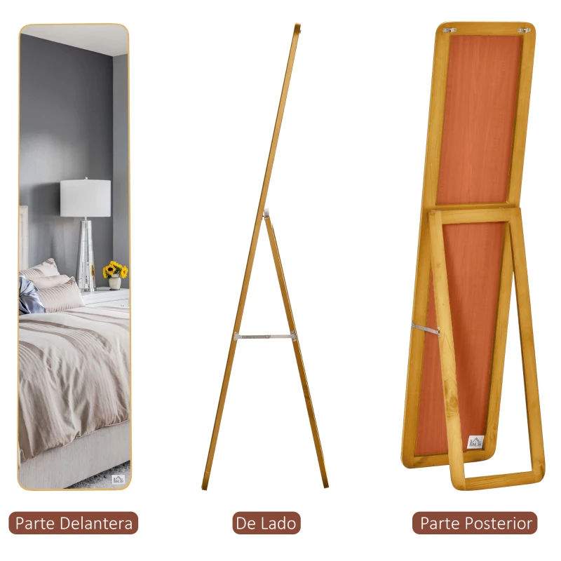 HOMCOM Espejo de Pie Cuerpo Entero Rectangular Espejo de Pared con 2 Formas de Uso Marco de Madera de Pino Moderno para Pasillo Dormitorio Sala de Estar 37x43x156 cm Nogal