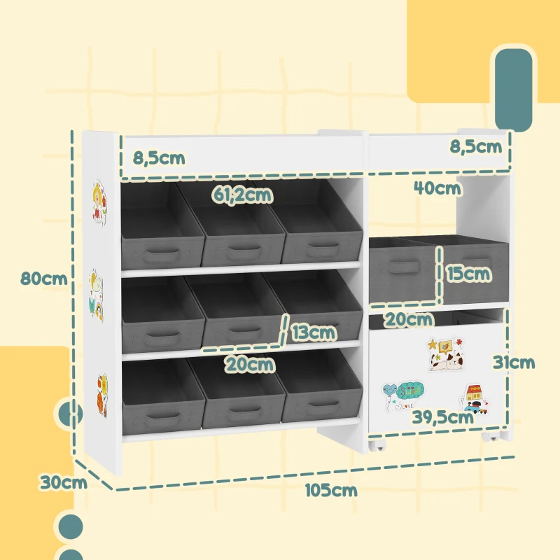 AIYAPLAY Organizador de Brinquedos para Crianças com 11 Cestas Amovíveis Compartimentos e Autocolantes 105x30x80 cm Branco e Cinza