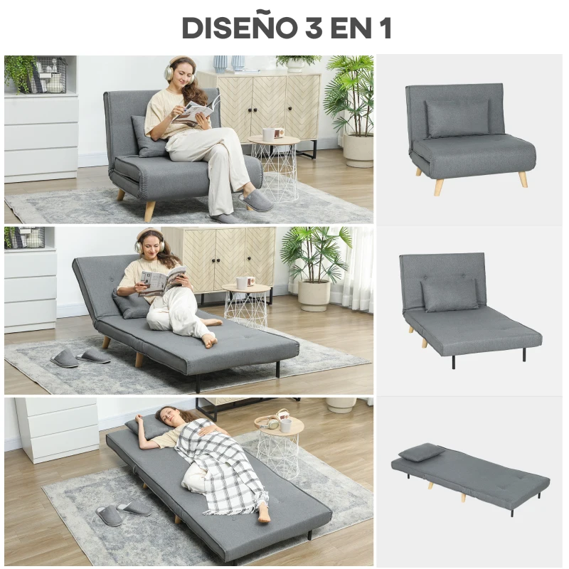 HOMCOM Sillón Cama Individual 3 en 1 Sofá Cama Plegable con Respaldo Ajustable y Cojín para Sala Dormitorio 90x78x79 cm Gris
