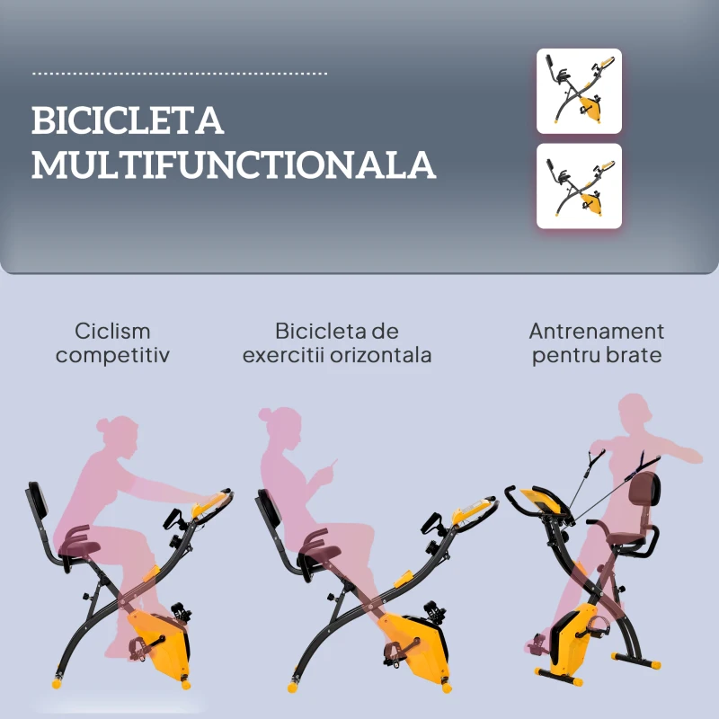 HOMCOM Bicicletă Pliabilă cu 8 Niveluri Rezistență și Corzi Elastice pentru Brațe, Galben